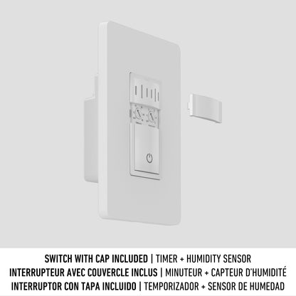 The 5 CCT Skylight Breeze Integrated LED Bathroom Fan is shown with a white wall switch featuring timer and humidity sensor. Product features appear below the image in English, French, and Spanish.