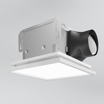 The 5 CCT Skylight Breeze Integrated LED Bathroom Fan features a modern, square design with a metallic housing and black duct connection, shown mounted on a plain white background.