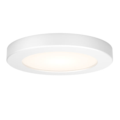 The 5FLPR-SP3-W is a round, white flush-mount ceiling light with a sleek, minimalist design and a luminous center.