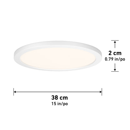 The Skylight Pro 15" 5K LED Flat Panel Light is an ultra-slim, round white ceiling fixture, measuring just 2 cm (0.79 in) thick and 38 cm (15 in) in diameter.
