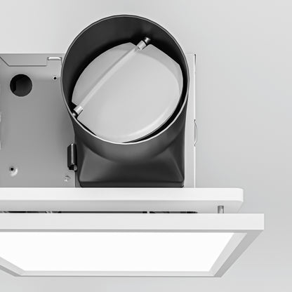 A close-up of the 5 CCT Skylight Breeze Integrated LED Bathroom Fan shows its open cylindrical housing and square LED panel, set against a plain white background.