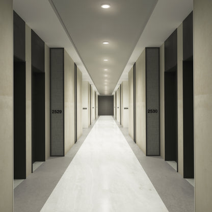 A modern hotel hallway features 5FLPR-SP3-W ceiling lights illuminating a white floor, beige walls, and dark doors with visible room numbers 2529, 2530, and 2534.