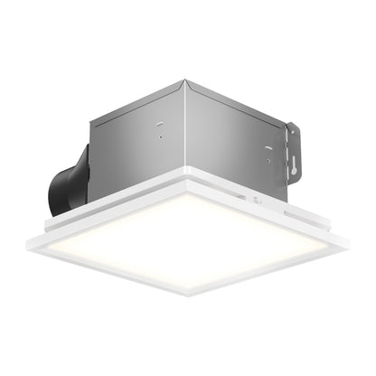 The 5 CCT Skylight Breeze Integrated LED Bathroom Fan is a modern recessed ceiling fixture featuring a white illuminated panel and metallic housing, designed for easy installation in ceilings.